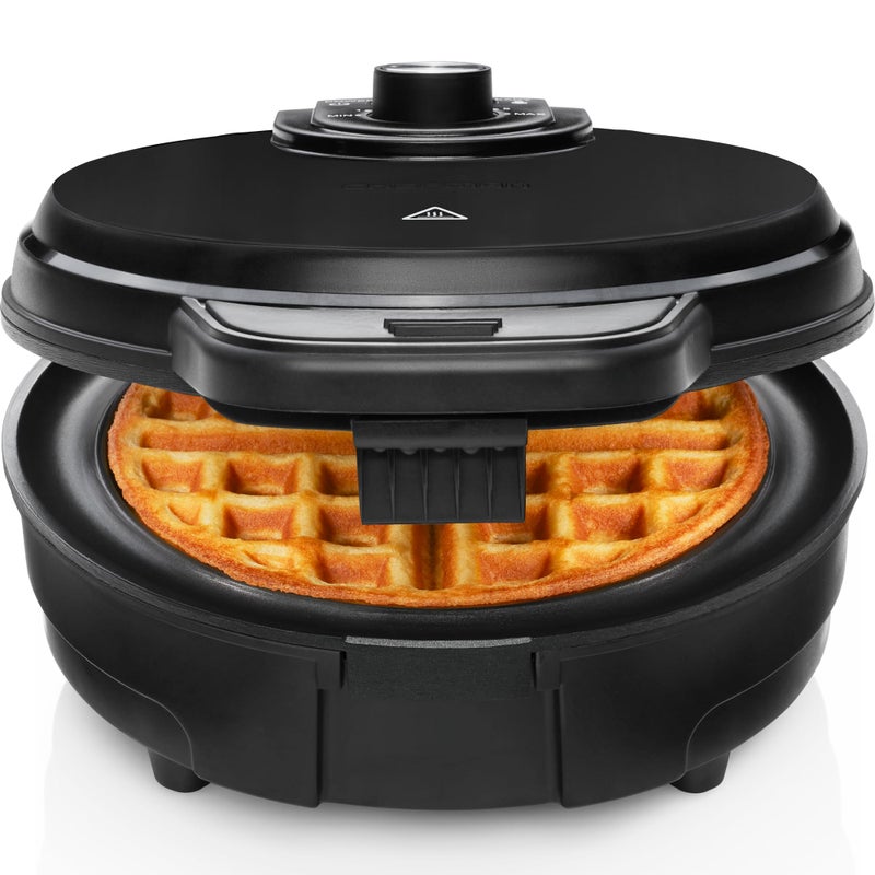 Chefman Anti-Overflow Belgian Waffle Maker w/Shade Selector, Temperature Control, Mess Free Moat, Round Iron w/Nonstick Plates & Cool Touch Handle, Measuring Cup Included, Black - Image 1