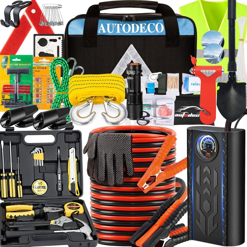 طقم مساعدة الطوارئ للسيارة AUTODECO 105 قطعة مع ضاغط هواء محمول وكابلات قفز