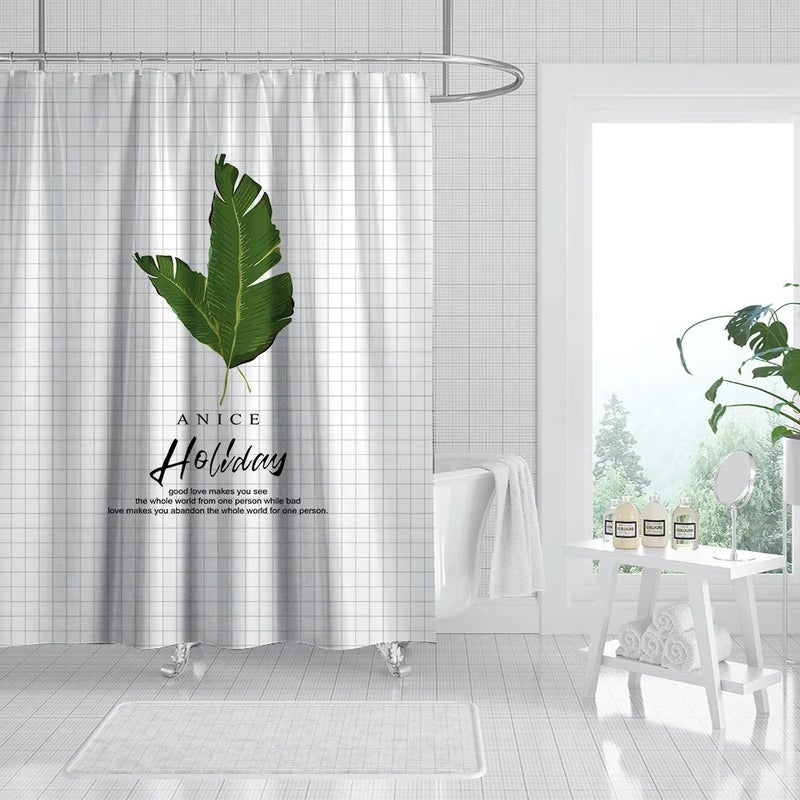 Bluejw Shower Curtain Set Bathroom Nordic Green Leaves Waterproof Printing Bathroom Mat Set With Shower Curtain - Image 1