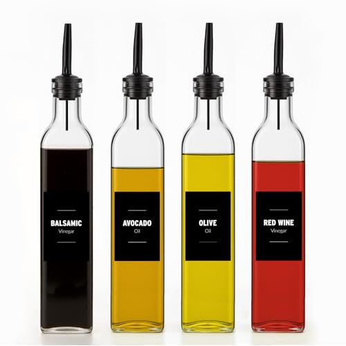Mlle Label Olive Oil & Vinegar Dispenser Bottle Set with Stainless Steel Pourer, Funnel & Labels - Glass Kitchen Oil Cruet - Dispenser Bottle for Coffee Syrup, Soy Sauce, Cooking Sauces & More - 500ml - Set of 4 - Image 1
