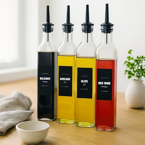 Mlle Label Olive Oil & Vinegar Dispenser Bottle Set with Stainless Steel Pourer, Funnel & Labels - Glass Kitchen Oil Cruet - Dispenser Bottle for Coffee Syrup, Soy Sauce, Cooking Sauces & More - 500ml - Set of 4 - Image 5