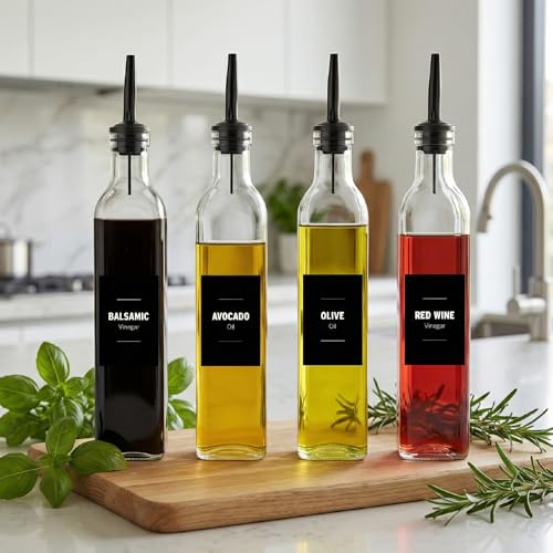 Mlle Label Olive Oil & Vinegar Dispenser Bottle Set with Stainless Steel Pourer, Funnel & Labels - Glass Kitchen Oil Cruet - Dispenser Bottle for Coffee Syrup, Soy Sauce, Cooking Sauces & More - 500ml - Set of 4 - Image 2
