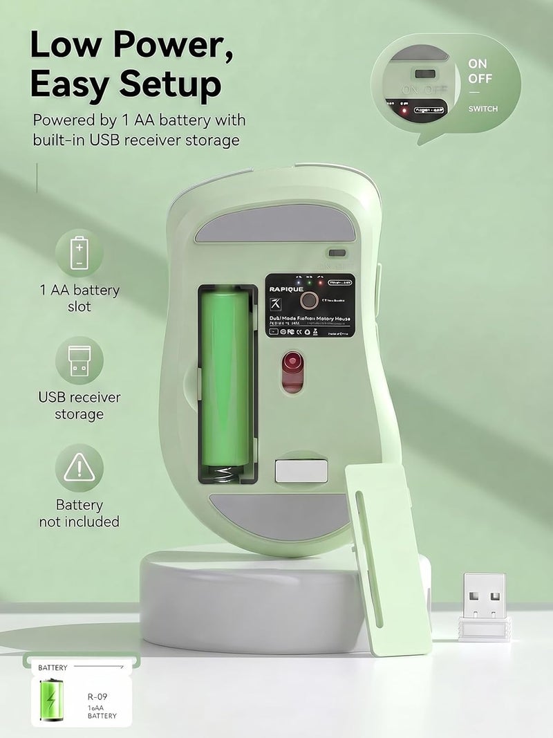 RAPIQUE Bluetooth Wireless Mouse, Dual Bluetooth & 2.4GHz USB Receiver, Right-Hand Design, Quiet Clicks, Low Power, Multi-Device Compatibility for MacBook, Laptop, Computer, iPad, PC - Sage Green - Image 5