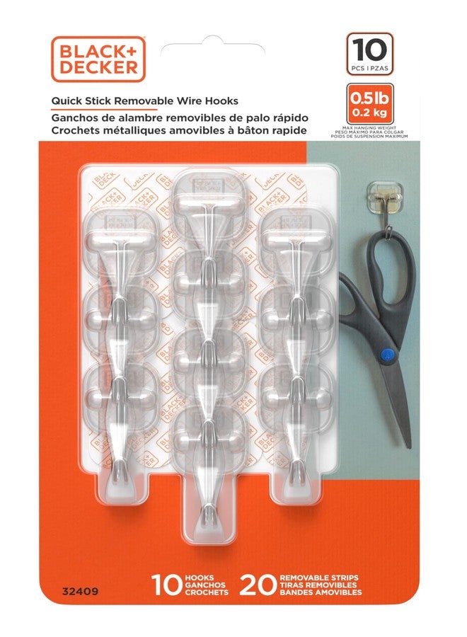 Black+Decker Wire Toggle Wall Hooks, Quick Stick Adhesive, Removeable, 10 Wall Hooks, 20 Adhesive Strips, Hang Decorations Without Damaging Walls, up to 0.5 lb., Clear - Image 1