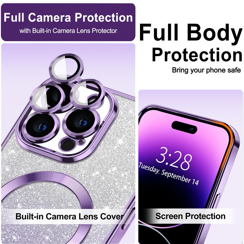 Hython for iPhone 14 Pro Case Clear Magnetic Glitter Phone Cases [Compatible with MagSafe] Full Camera Lens Protector Slim Gradient Sparkle Luxury Plating Shockproof Protective Cover Women, Purple - Image 3