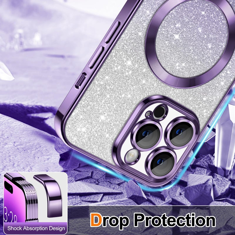 Hython for iPhone 14 Pro Case Clear Magnetic Glitter Phone Cases [Compatible with MagSafe] Full Camera Lens Protector Slim Gradient Sparkle Luxury Plating Shockproof Protective Cover Women, Purple - Image 4