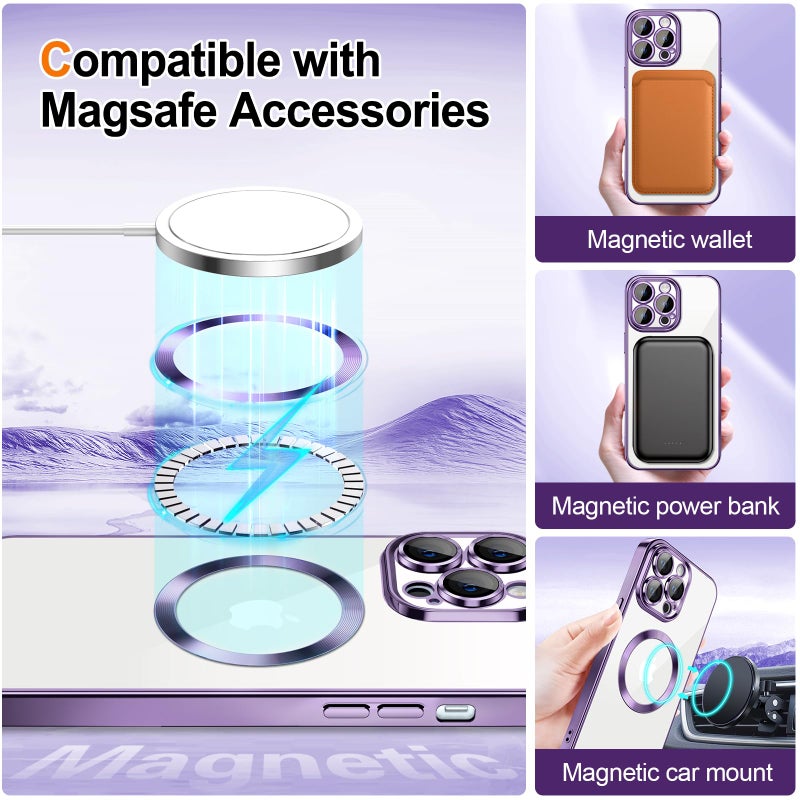 Hython for iPhone 14 Pro Case Clear Magnetic Glitter Phone Cases [Compatible with MagSafe] Full Camera Lens Protector Slim Gradient Sparkle Luxury Plating Shockproof Protective Cover Women, Purple - Image 5