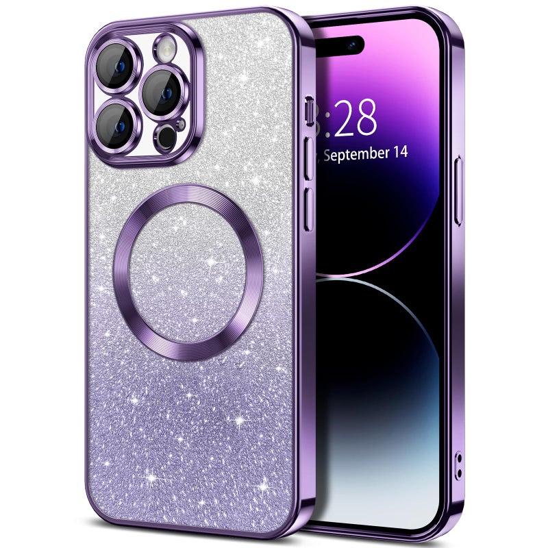 Hython for iPhone 14 Pro Case Clear Magnetic Glitter Phone Cases [Compatible with MagSafe] Full Camera Lens Protector Slim Gradient Sparkle Luxury Plating Shockproof Protective Cover Women, Purple - Image 1