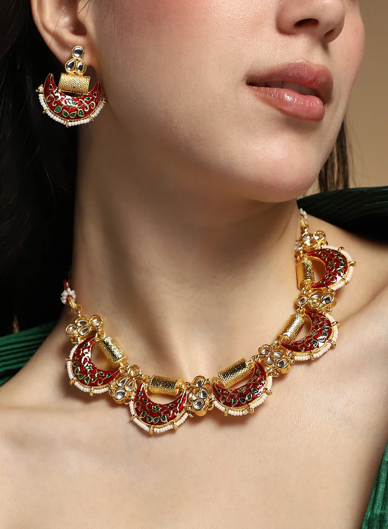 SOHI SOHI Women The Enamel-Celestrial Jewellery Set | Red & Green Colour | One-Size | Stone Alloy Material | Adjustable & Push Back Closure | Collar Necklace & Drop Earrings For Casual & Evening Wear