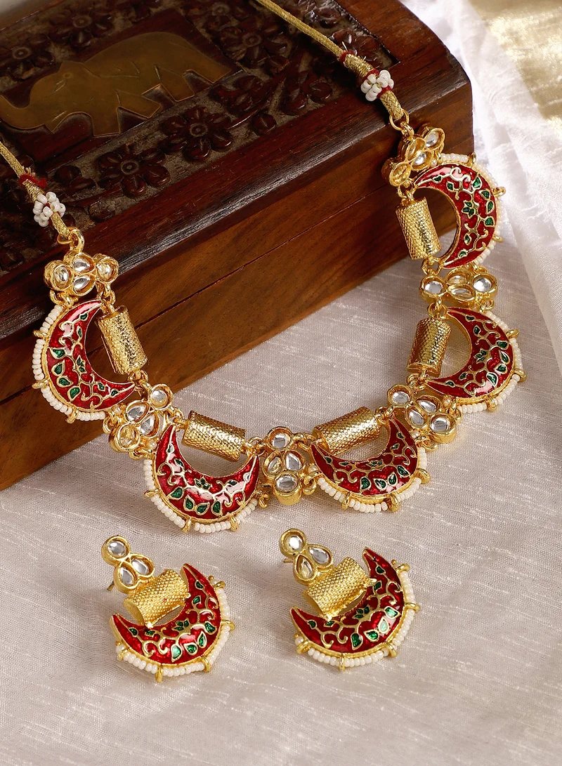 SOHI SOHI Women The Enamel-Celestrial Jewellery Set | Red & Green Colour | One-Size | Stone Alloy Material | Adjustable & Push Back Closure | Collar Necklace & Drop Earrings For Casual & Evening Wear