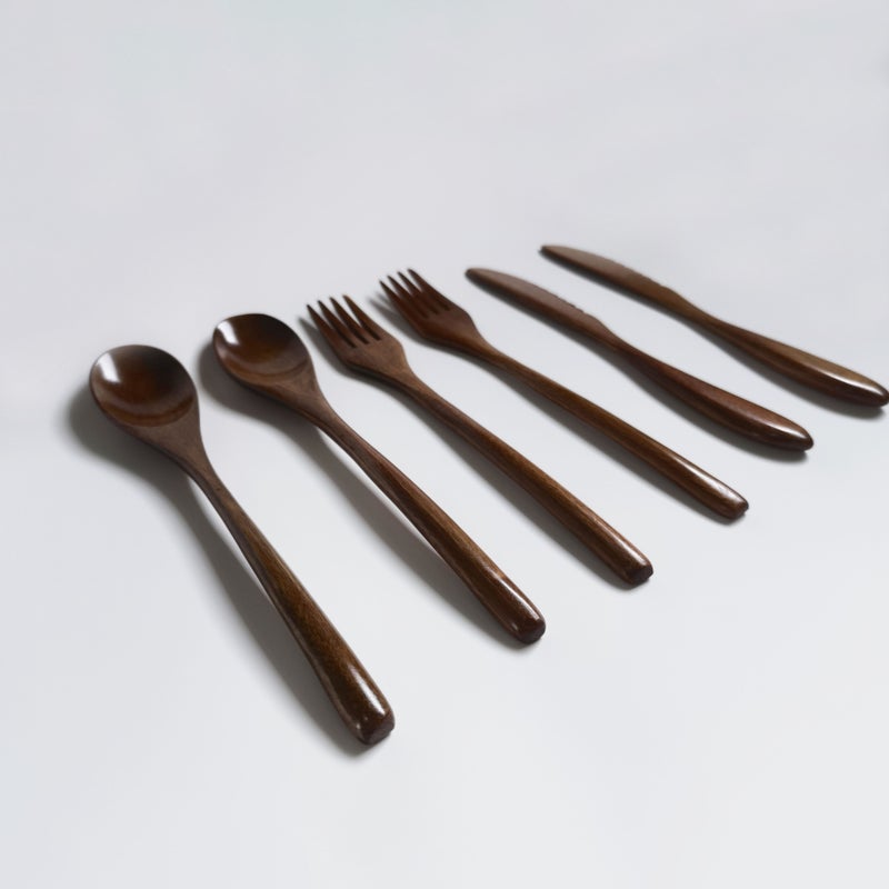 6 Piece Handcrafted Nanmu Wood Cutlery Set Solid Wooden Knife Fork Spoon Vintage Design Simple Style - Image 2