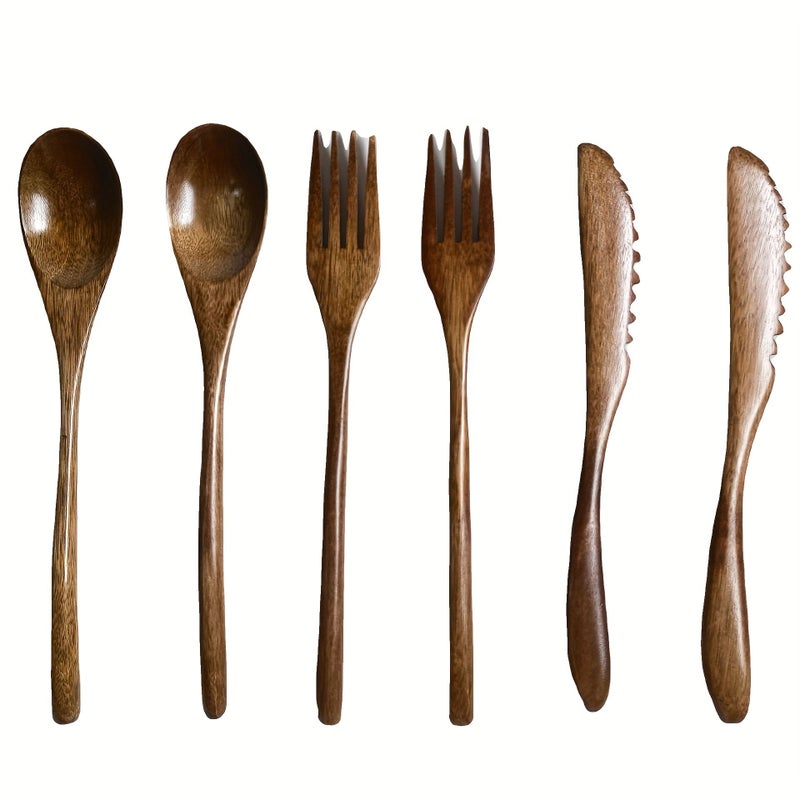 6 Piece Handcrafted Nanmu Wood Cutlery Set Solid Wooden Knife Fork Spoon Vintage Design Simple Style - Image 1