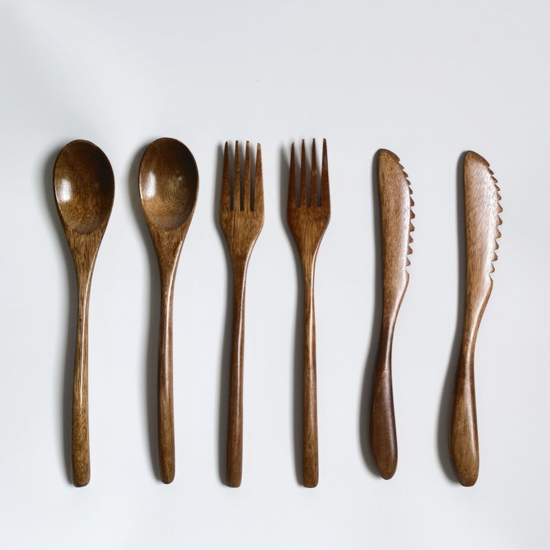 6 Piece Handcrafted Nanmu Wood Cutlery Set Solid Wooden Knife Fork Spoon Vintage Design Simple Style - Image 4