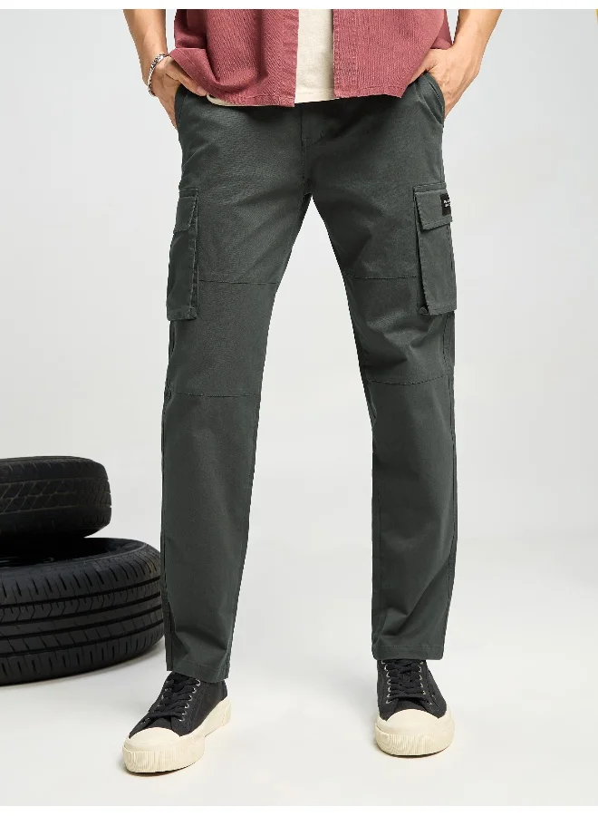 Beyoung Matte Grey Solid Cargo Pants For Men
