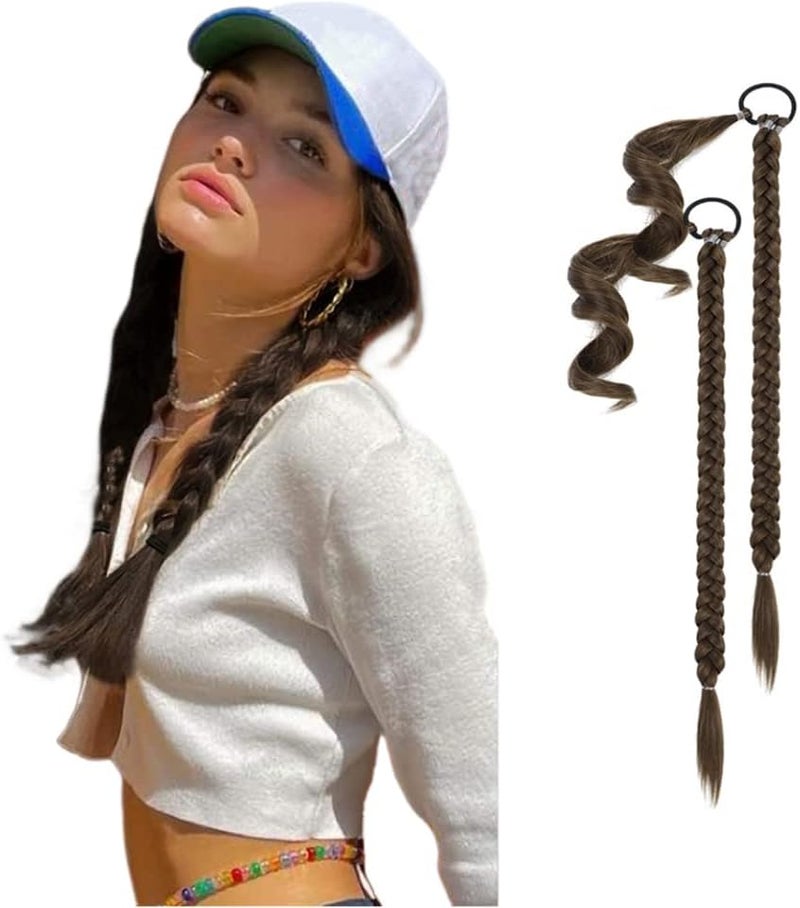 Braid Ponytail Extension 2 Pack Long Straight Wrap Around Brown Hair Extensions Natural Soft Synthetic Hairpieces for Women