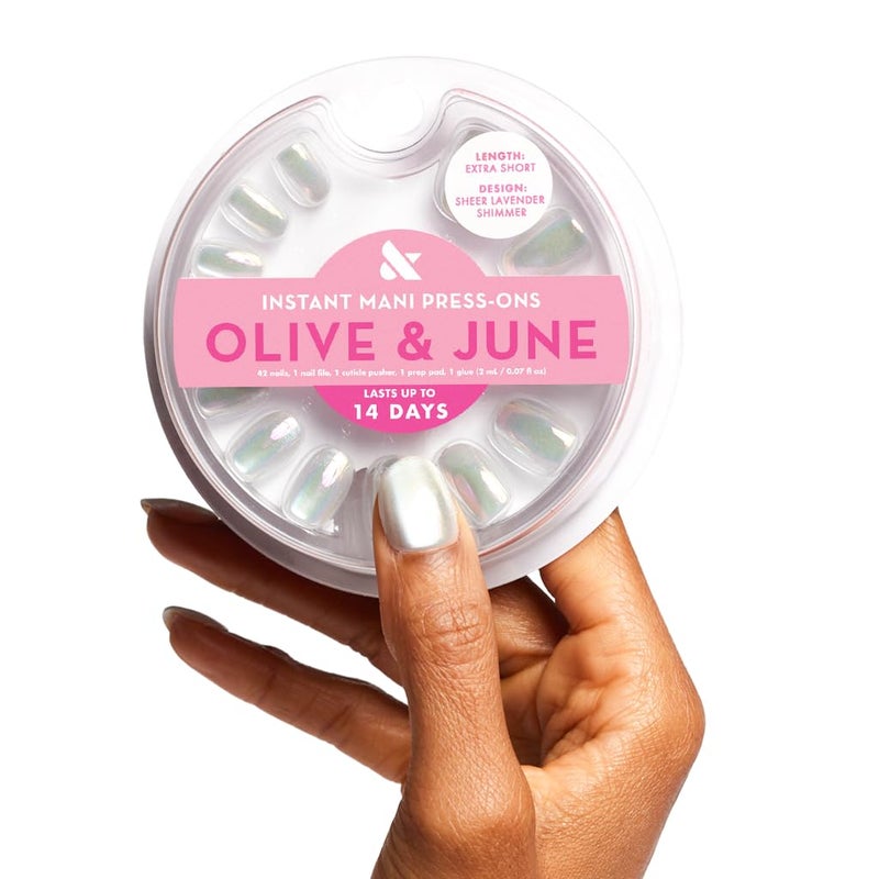 Olive & June Instant Mani Press-On Nails (Glue) | 42 Fake Nails, 21 Sizes | Non-Toxic, Long-Lasting Recycled Materials | Spring Flowers & Patterns | Extra Short, Round | Sheer Lavender Shimmer - Image 1