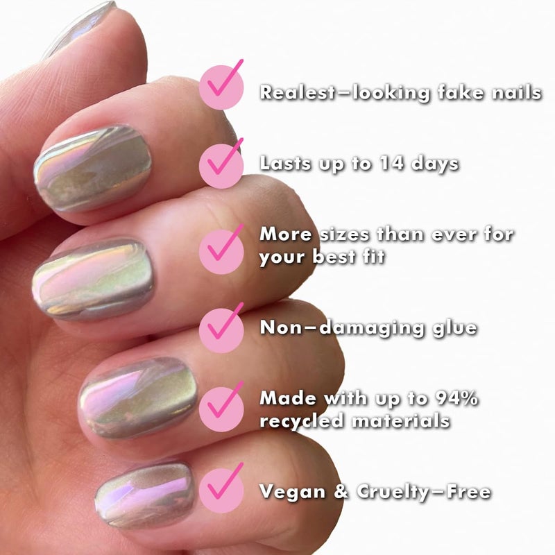 Olive & June Instant Mani Press-On Nails (Glue) | 42 Fake Nails, 21 Sizes | Non-Toxic, Long-Lasting Recycled Materials | Spring Flowers & Patterns | Extra Short, Round | Sheer Lavender Shimmer - Image 3