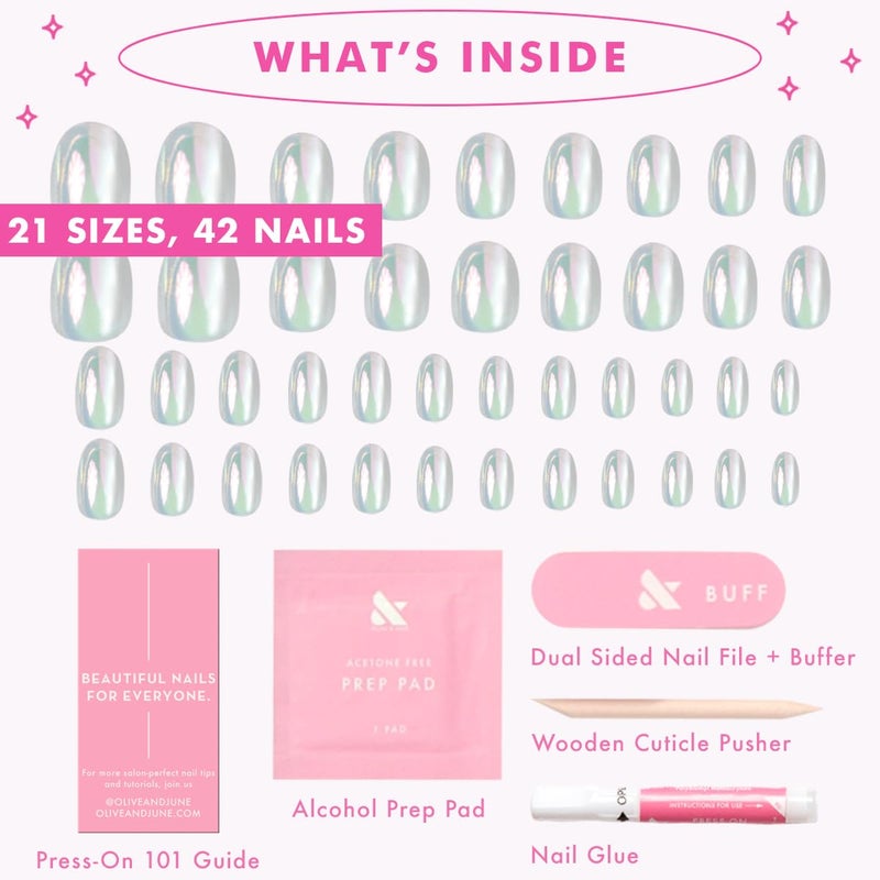Olive & June Instant Mani Press-On Nails (Glue) | 42 Fake Nails, 21 Sizes | Non-Toxic, Long-Lasting Recycled Materials | Spring Flowers & Patterns | Extra Short, Round | Sheer Lavender Shimmer - Image 5