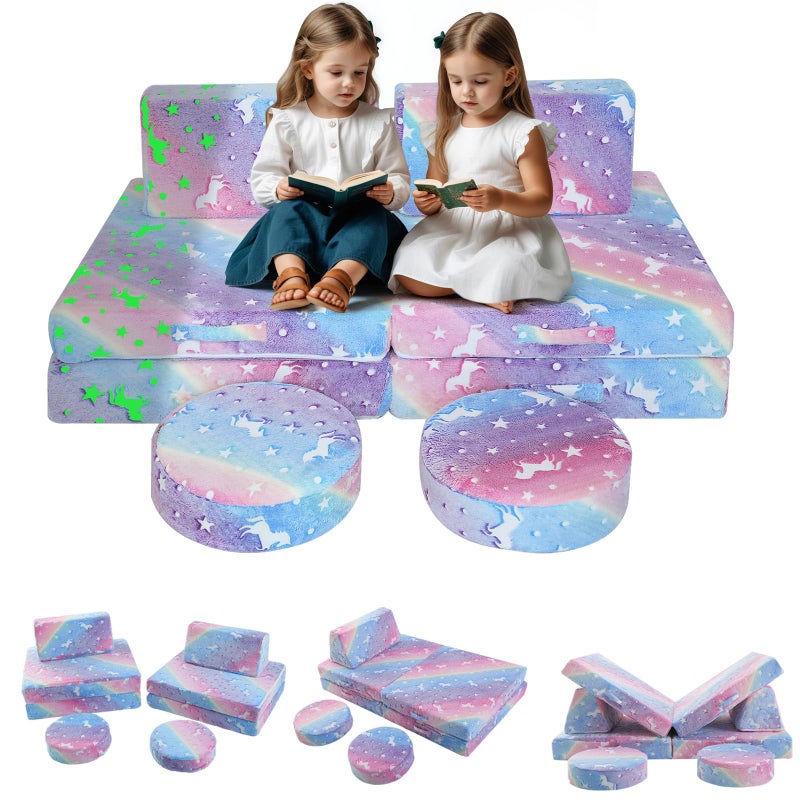 MeMoreCool Modular Glow Sofa for Kids 8Piece Convertible Foam Couch Play Set with Unicorn Rainbow and Star Pattern for Toddlers and Playroom