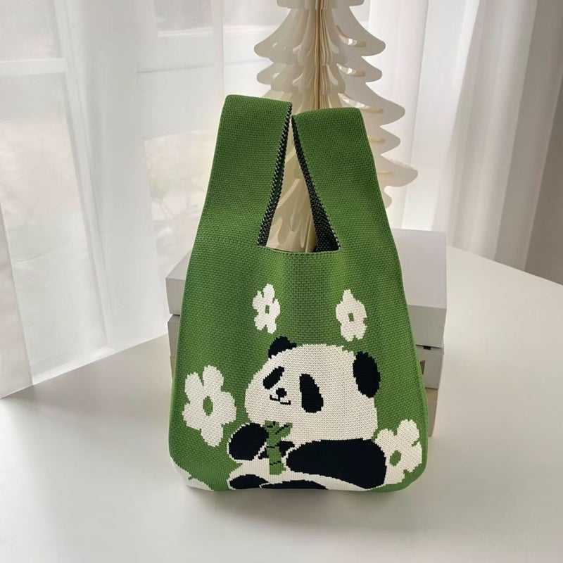 Gift Birthday Bag Casual Tote Bag Cute Panda Daily Handbag Hand Carrying All-Match Polyester Knitted Hand Gift - Image 4