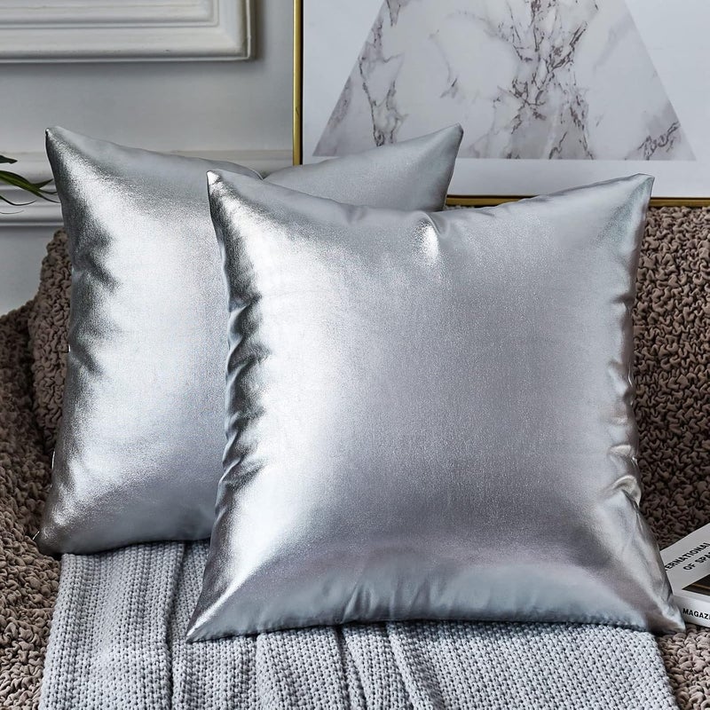 EUCIOR أغطية وسائد EUCIOR فضية، وسائد زخرفية، 18x18 بوصة، عبوة من قطعتين، أغطية وسائد زخرفية حديثة لامعة معدنية للأريكة وغرفة النوم والسيارة - Image 1