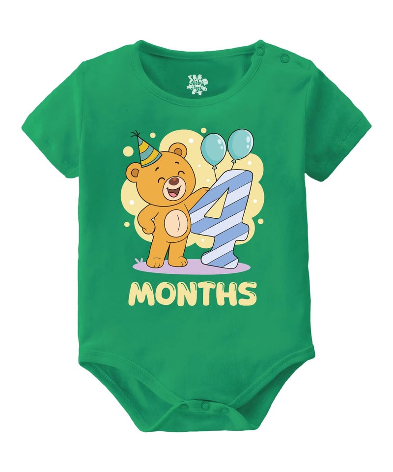 Baby Buzz 4 Months Teddy Bear Baby Milestone Dress– Cute Monthly Photoshoot Outfit | Baby Birthday Romper | 100% Cotton Bodysuit for Baby Boy & Girl (4 Months, Green, 3-6 Months) - Image 1