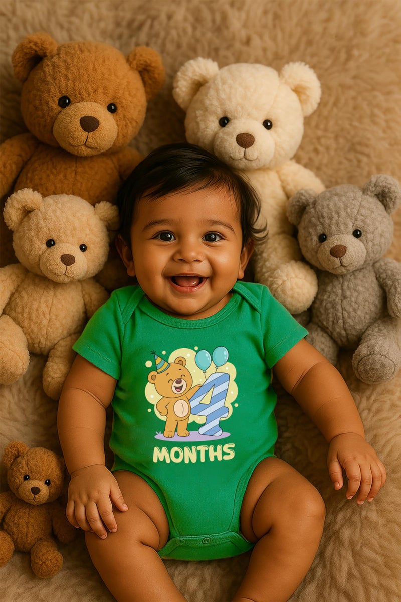 Baby Buzz 4 Months Teddy Bear Baby Milestone Dress– Cute Monthly Photoshoot Outfit | Baby Birthday Romper | 100% Cotton Bodysuit for Baby Boy & Girl (4 Months, Green, 3-6 Months) - Image 2