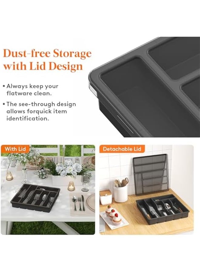 بيوينتي لايفويت منظم ادوات المائدة الفضية مع غطاء، صينية اواني مغطاة لدرج المطبخ وسطح الطاولة، صندوق تخزين ادوات المائدة وادوات المائدة البلاستيكية للملاعق والشوك والسكاكين، 6 اقسام، اسود - Image 2