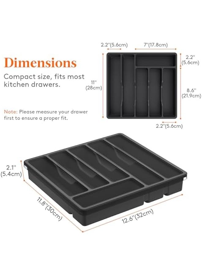 بيوينتي لايفويت منظم ادوات المائدة الفضية مع غطاء، صينية اواني مغطاة لدرج المطبخ وسطح الطاولة، صندوق تخزين ادوات المائدة وادوات المائدة البلاستيكية للملاعق والشوك والسكاكين، 6 اقسام، اسود - Image 4