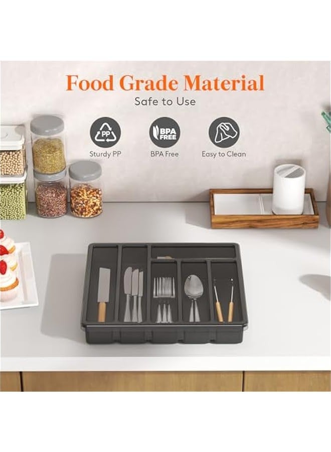 بيوينتي لايفويت منظم ادوات المائدة الفضية مع غطاء، صينية اواني مغطاة لدرج المطبخ وسطح الطاولة، صندوق تخزين ادوات المائدة وادوات المائدة البلاستيكية للملاعق والشوك والسكاكين، 6 اقسام، اسود - Image 5