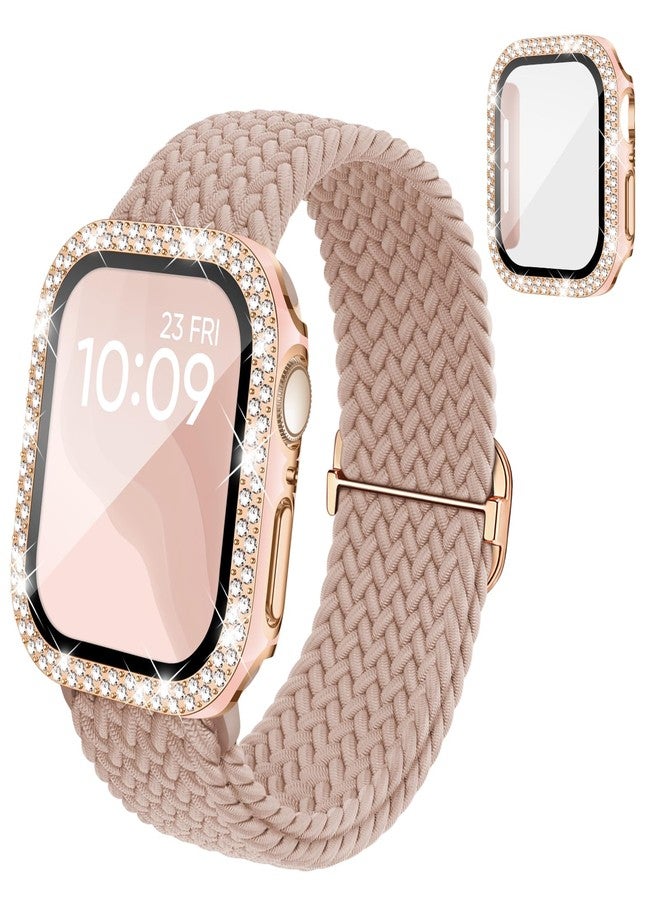 Knossen Braided Stretchy Band Compatible for Apple Watch Bands for Women and Case 40mm 41mm 42mm 44mm 45mm 46mm, Solace Solo Loop Bling Diamond Screen Protector Cover for iWatch Series 10 9 8 7 SE 6 5 4 - Image 1