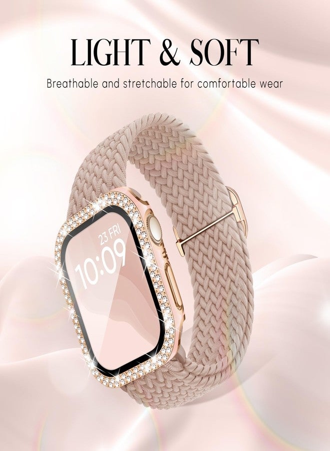 Knossen Braided Stretchy Band Compatible for Apple Watch Bands for Women and Case 40mm 41mm 42mm 44mm 45mm 46mm, Solace Solo Loop Bling Diamond Screen Protector Cover for iWatch Series 10 9 8 7 SE 6 5 4 - Image 2