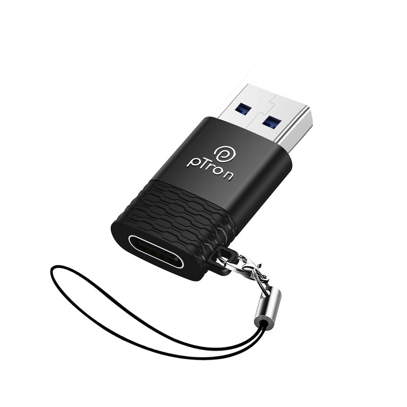 PTron محول Nexo USB Type C أنثوي إلى USB 3.0 ذكري OTG، نقل بيانات عالي السرعة 5 جيجابت في الثانية، متوافق مع أجهزة الكمبيوتر المحمولة/الأجهزة اللوحية/الهواتف الذكية/الشواحن، تصميم أنيق ومضغوط وبناء من سبائك المعادن (أسود) - Image 1