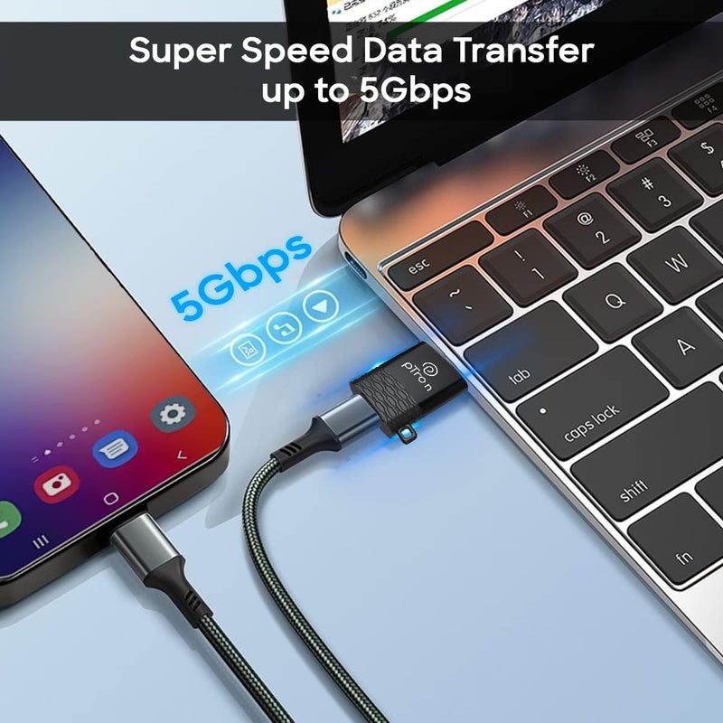 PTron محول Nexo USB Type C أنثوي إلى USB 3.0 ذكري OTG، نقل بيانات عالي السرعة 5 جيجابت في الثانية، متوافق مع أجهزة الكمبيوتر المحمولة/الأجهزة اللوحية/الهواتف الذكية/الشواحن، تصميم أنيق ومضغوط وبناء من سبائك المعادن (أسود) - Image 3