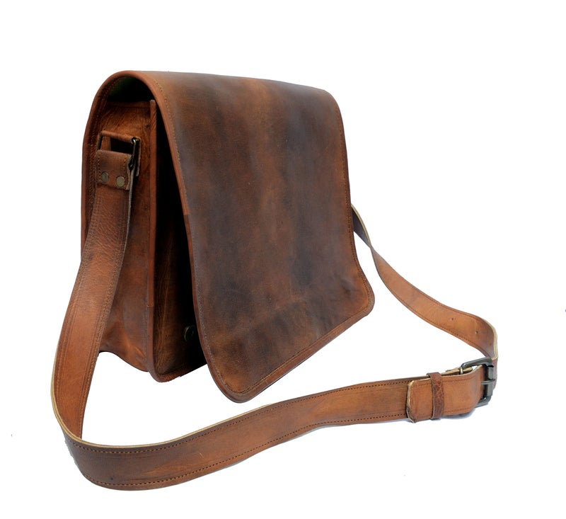 Shy Shy Let s Touch The Sky Indian Hando Art 13inch Leather Real Messenger bag for Laptop Briefcase Satchel Men and Women Messenger Handmade Bag Laptop Bag Satchel Bag Padded Messenger Bag Brown (13 inch small)  - Image 1