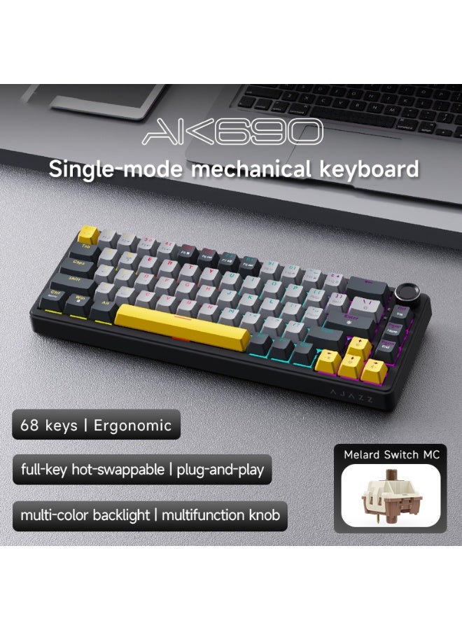 A-jazz AK690 black gray yellow mixed light DIY wired version mechanical keyboard full key hot swappable multifunctional metal knob - Image 2