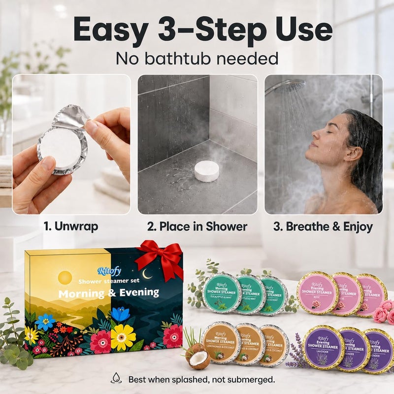 Shower Steamers Aromatherapy 12 Pack Shower Bombs with Essential Oils, Morning Refresh and Evening Relax Set, Birthday Valentines Gifts for Women Man Her, Self Care, Relaxation Home Spa Gift - Image 5