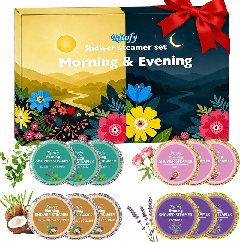 Shower Steamers Aromatherapy 12 Pack Shower Bombs with Essential Oils, Morning Refresh and Evening Relax Set, Birthday Valentines Gifts for Women Man Her, Self Care, Relaxation Home Spa Gift - Image 1