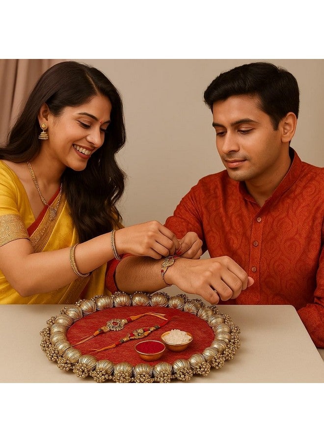 Satyam Kraft SATYAM KRAFT 1 Set Handmade Gota Patti Engagement Ring Platter with Golden Moti | Wedding Ring Ceremony Tray, Pooja Thali, Mandir, Housewarming, Marriage Gift, Table Decoration (9 Inch)  - Image 3