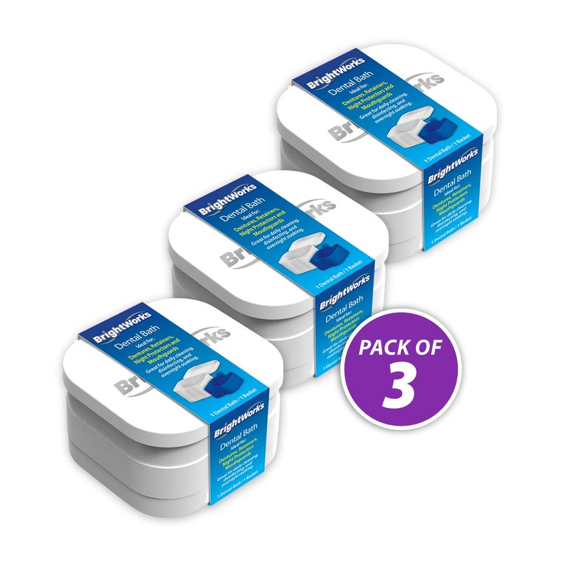 BrightWorks Dental Bath Cleaner Cup Case 3 Pack for Dentures Aligners Retainers Night Guards Mouth Guards Dental Guards and Dental Appliances Includes Rinsing Basket Easy to Use
