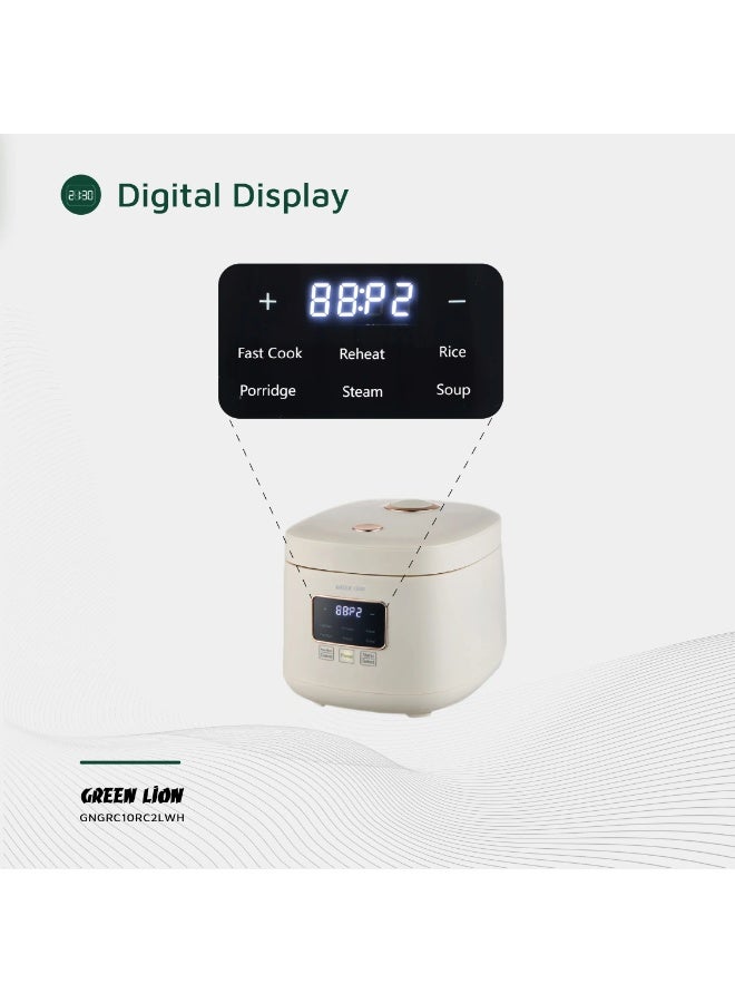 جرين ليون جهاز طهي الأرز الرقمي 400 وات سعة 2 لتر مع 6 أوضاع للطهي / مؤقت مسبق الضبط / فتحة تهوية / شاشة رقمية / وضع الحفاظ على الدفء / سهل التنظيف / التحكم باللمس / مادة بلاستيك البولي بروبيلين - أبيض - Image 4