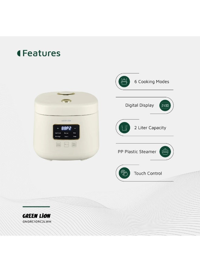 جرين ليون جهاز طهي الأرز الرقمي 400 وات سعة 2 لتر مع 6 أوضاع للطهي / مؤقت مسبق الضبط / فتحة تهوية / شاشة رقمية / وضع الحفاظ على الدفء / سهل التنظيف / التحكم باللمس / مادة بلاستيك البولي بروبيلين - أبيض - Image 2
