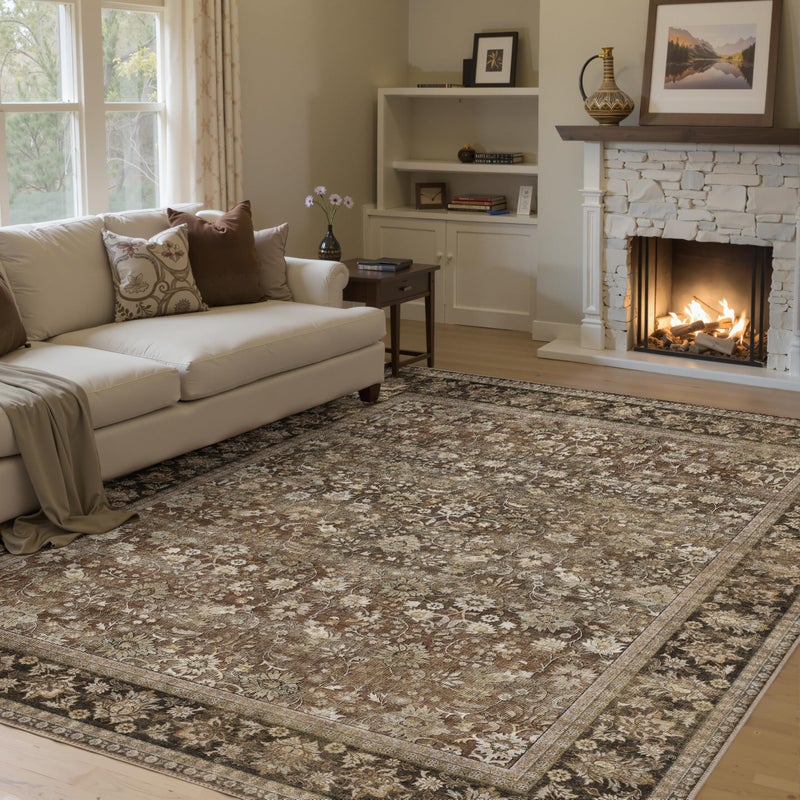 HUGEAR 5x7 Machine Washable Rugs Brown Hallway Area Rug Indoor Accent Rug Floral Low Pile Carpet Soft Throw Aesthetic Rug Bedroom Living Room Office Dining Room Kitchen Laundry Room Non Slip - Image 1