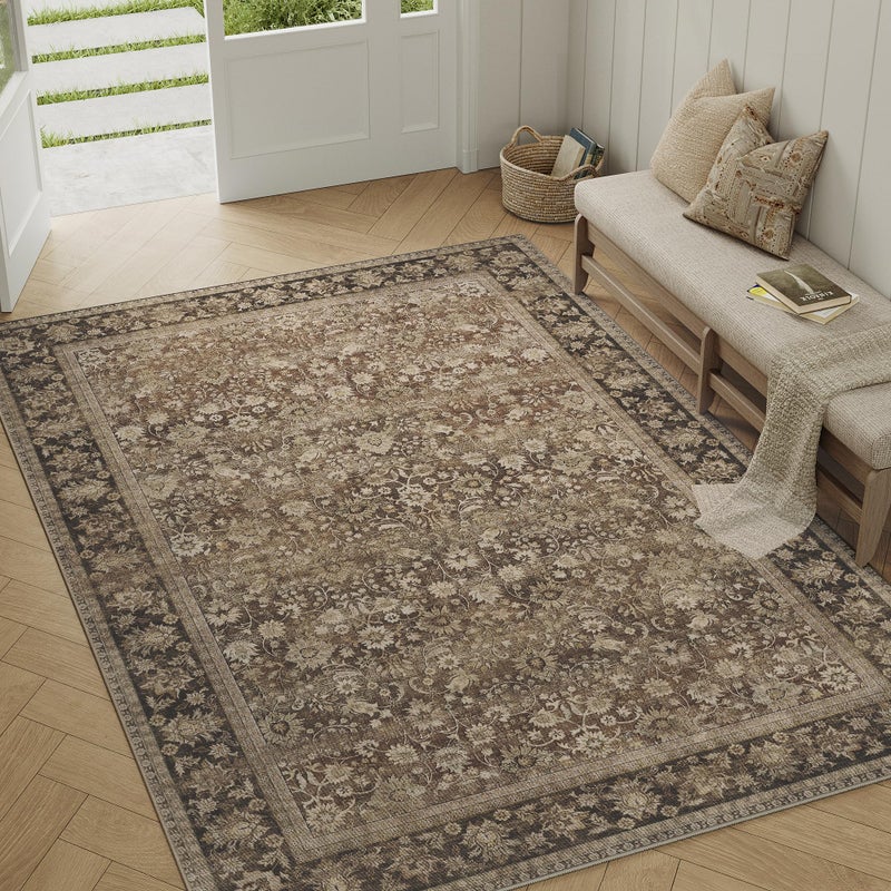 HUGEAR 5x7 Machine Washable Rugs Brown Hallway Area Rug Indoor Accent Rug Floral Low Pile Carpet Soft Throw Aesthetic Rug Bedroom Living Room Office Dining Room Kitchen Laundry Room Non Slip - Image 4