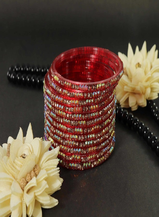 LAVAZZA Premium Glass Bangles Set with Golden Zircon Diamond Stones For Women & Girls | Trendy Bangles | Bridal Bangles | red Bangles for women-(-Nadiya-Red-2.8) - Image 2