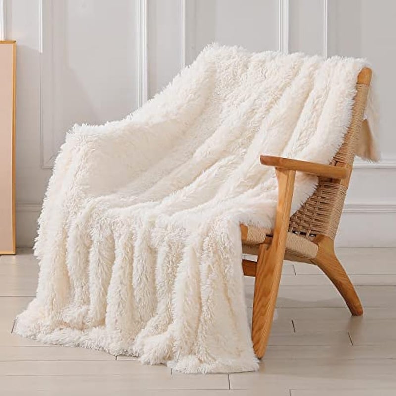 Loquat Decorative Extra Soft Fuzzy Faux Fur Throw Blanket 50 x 60,Solid Reversible Lightweight Long Hair Shaggy Blanket,Fluffy Cozy Plush Comfy Microfiber Fleece Blankets for Couch Sofa Bedroom,Cream White - Image 1