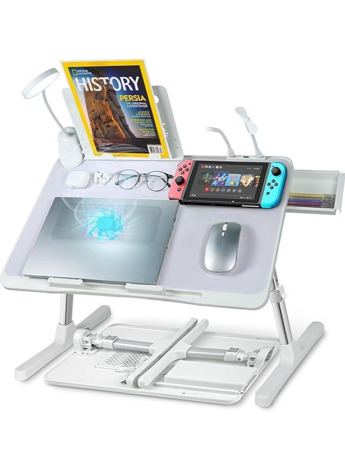 Green Tiger Lap Desk Bed Tray Table,Adjustable Laptop Stand for Bed with USB/Light/Fan/Drawer,Portable Laptop Desk Table for Bed/Couch/Sofa/Reading/Writing，Bed Trays for Eating and Laptops (Gray) - Image 1