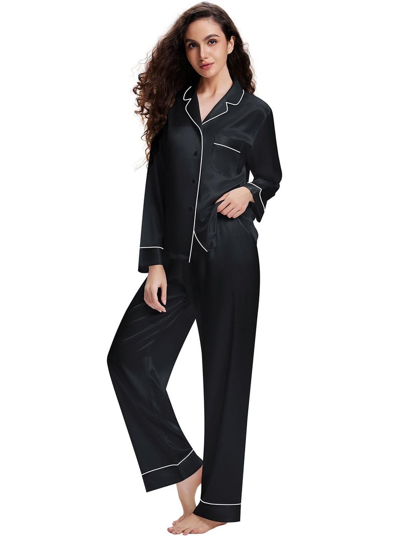 Womens Silk Satin Pajamas Set Sleepwear Loungewear Black 2XL
