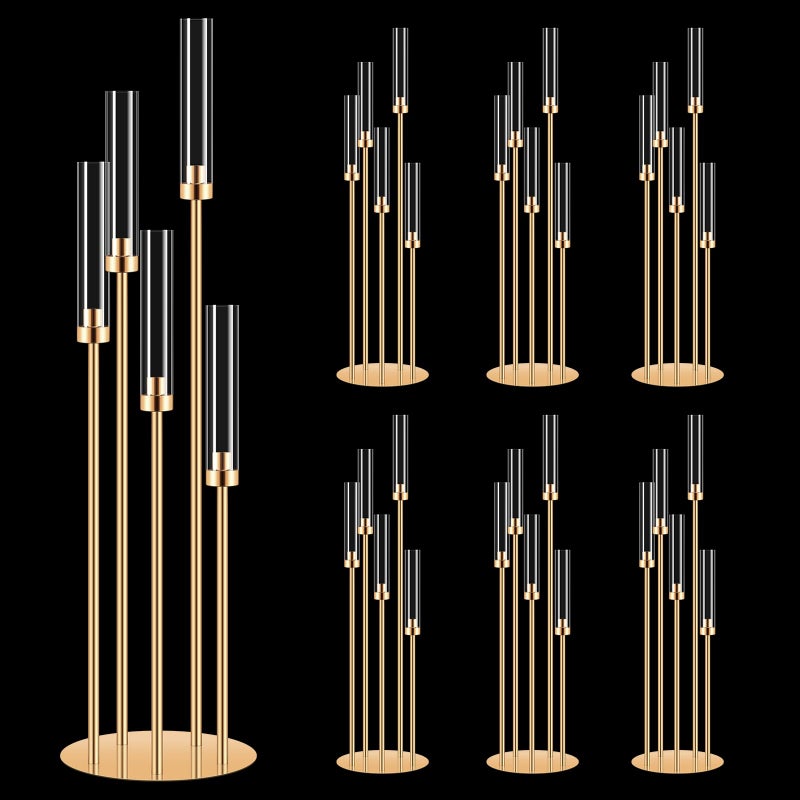 Cherocito 6 Set 5 Arms Golden Candle Holder with Acrylic Lampshade, 41.3'' Tall Candlesticks Holder for Christmas Wedding Housewarming Gift,Metal Candle Holders Candlestick Centerpiece,Fit 0.87'' LED Candle - Image 1