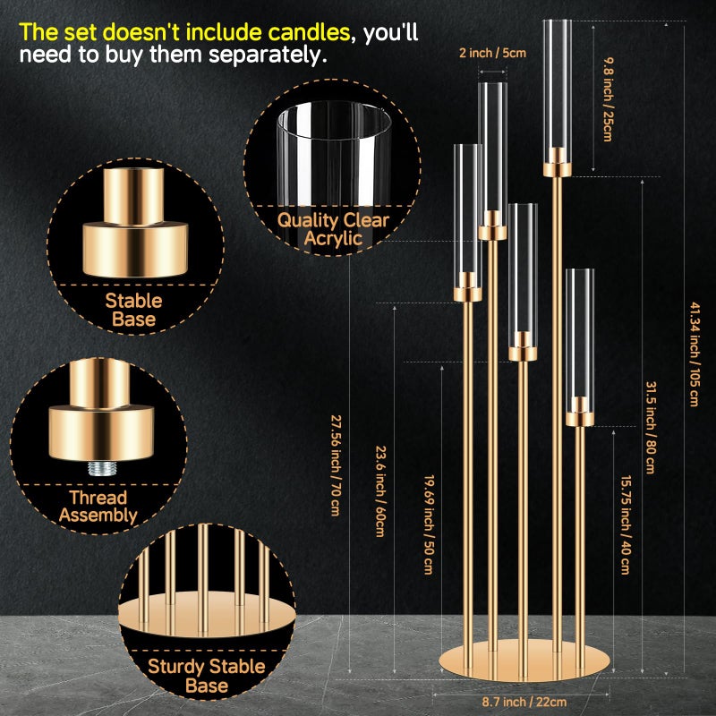 Cherocito 6 Set 5 Arms Golden Candle Holder with Acrylic Lampshade, 41.3'' Tall Candlesticks Holder for Christmas Wedding Housewarming Gift,Metal Candle Holders Candlestick Centerpiece,Fit 0.87'' LED Candle - Image 2